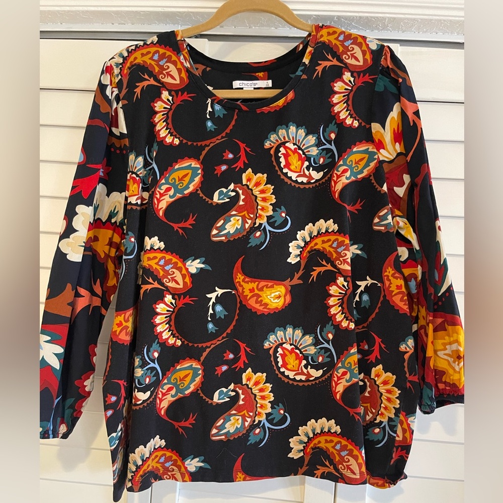 Chico's Black Paisley-Print Long Sleeve Tunic with Red, Orange & Blue Accents